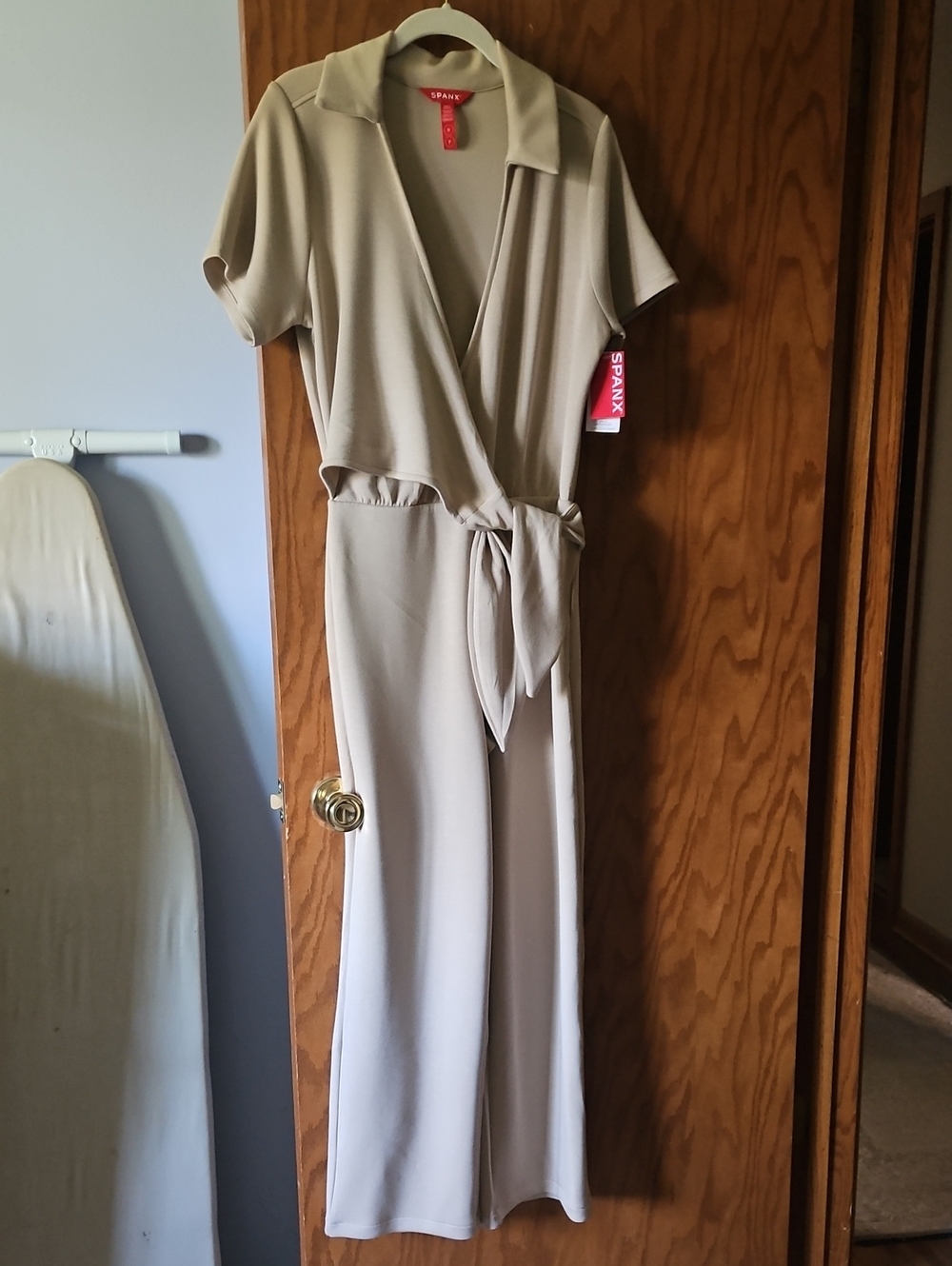 SPANX Beige Wrap-Front Maxi Jumpsuit with Tie Waist